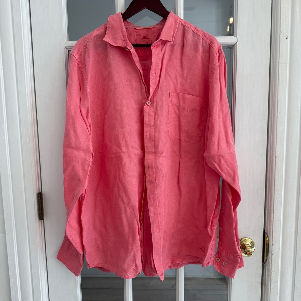 TOMMY BAHAMA Men's Pink 100% Linen Long Sleeve Button Down Shirt Size XL